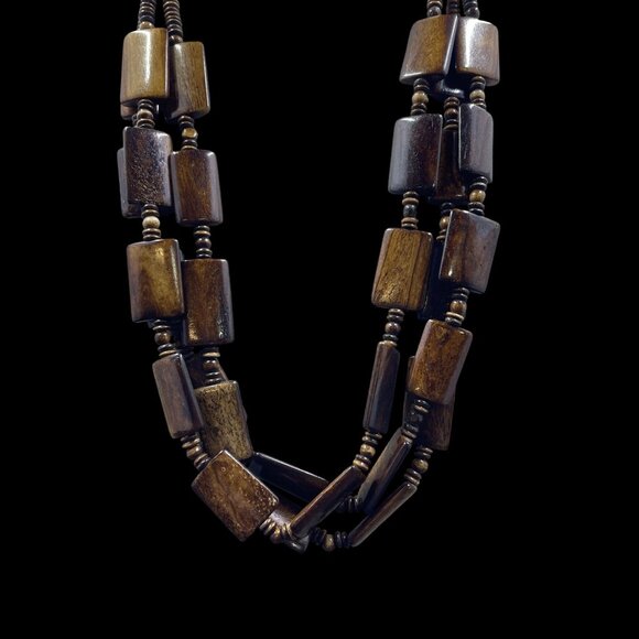 Park Lane Wood Beaded Layered Necklace Boho Earthy Rustic Organic Statement - Picture 3 of 9